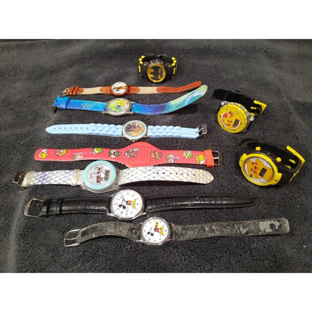 Lot of 10 Kids Character Watches Untested Parts/Repair Pokémon Pikachu Batman